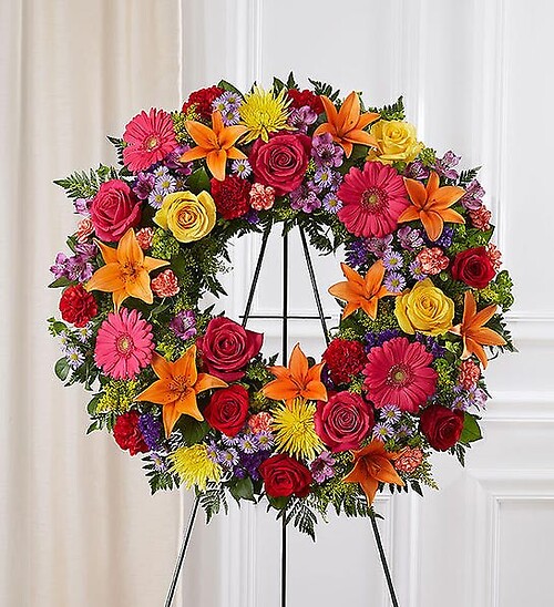 Serene Blessings Standing Wreath with Bright flowers